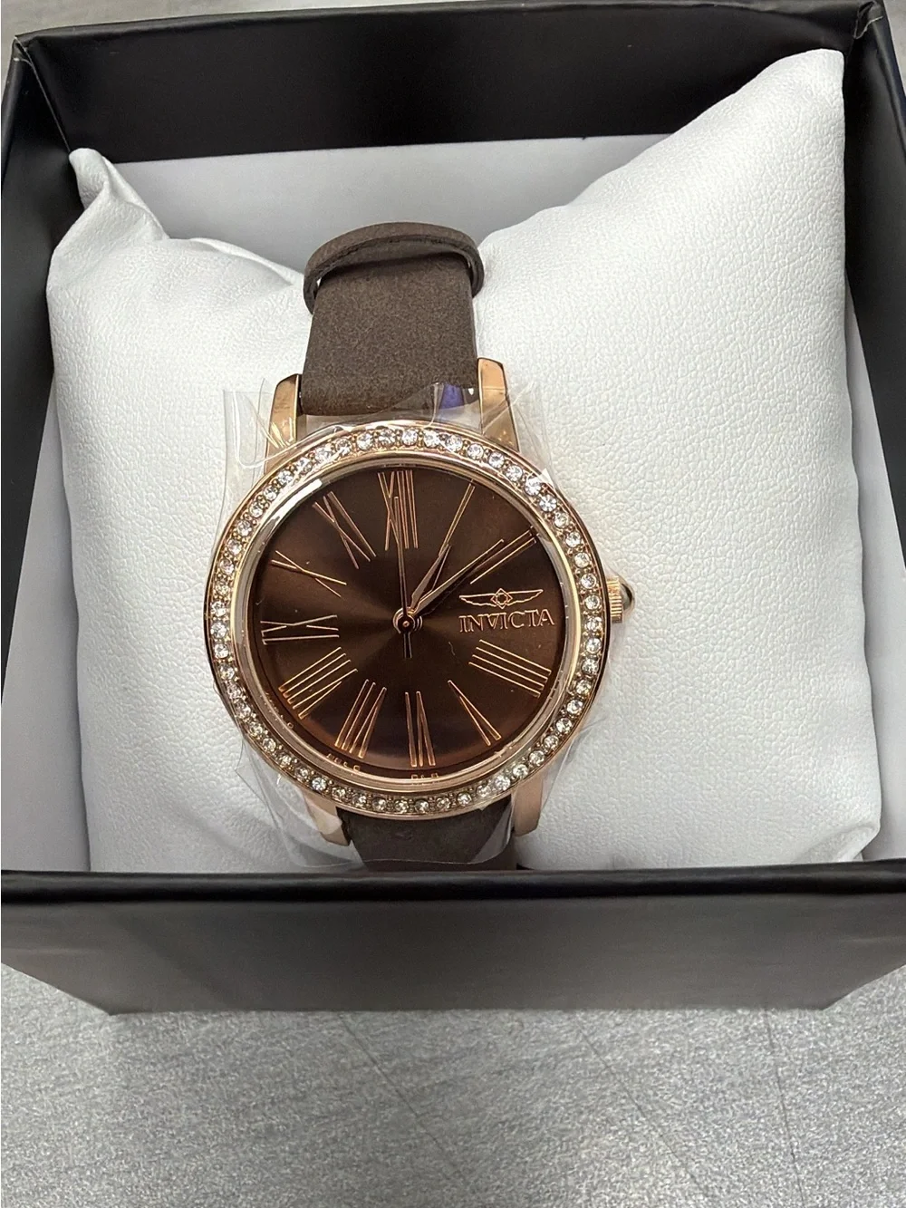 Invicta Celestial Rose Gold and Brown Crystal Bezel Leather Strap Watch 31mm